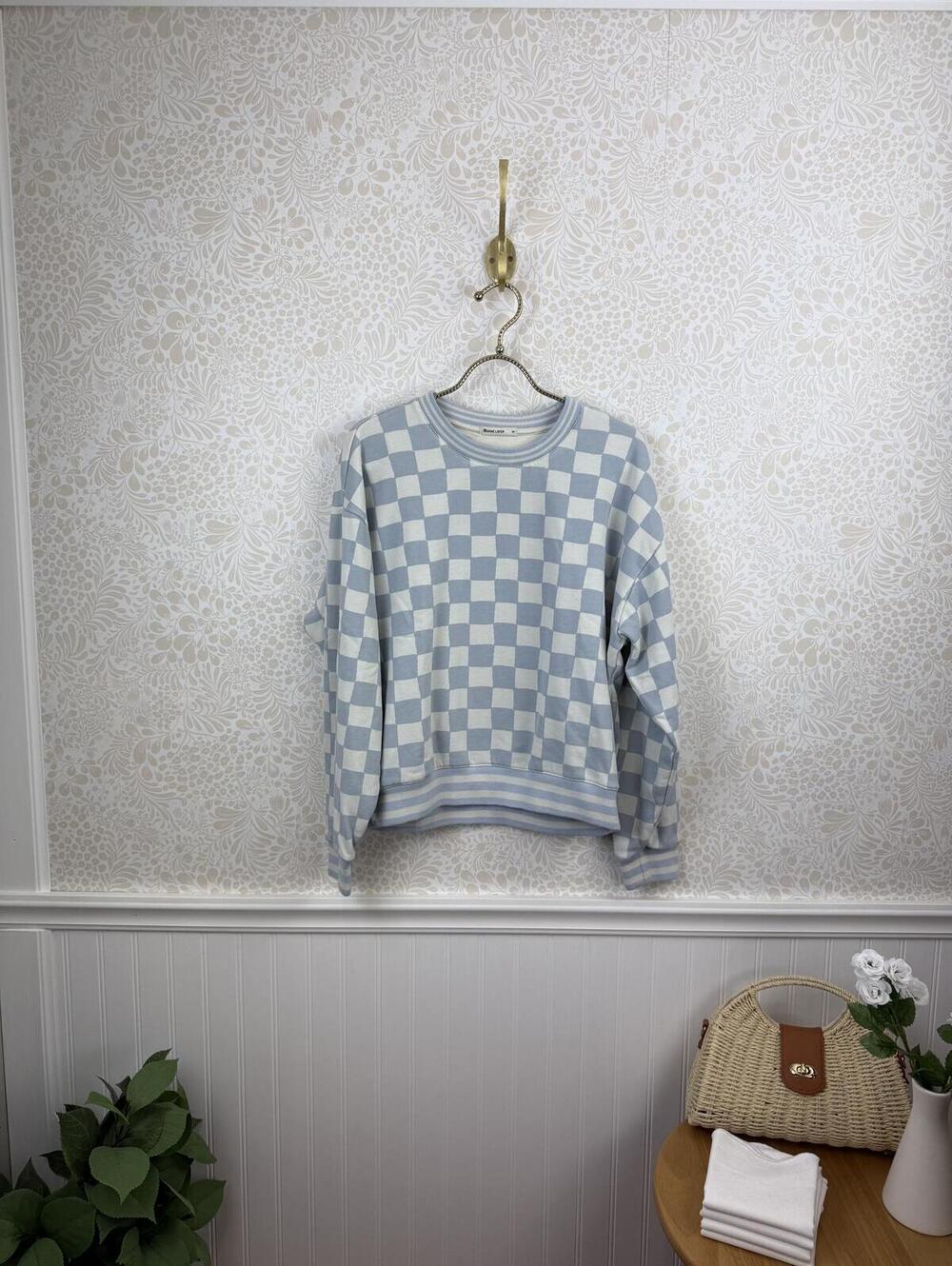 Marine Layer Anytime Blue Checkered Cotton Blend Sweatshirt - Size - Medium - Picture 3 of 8